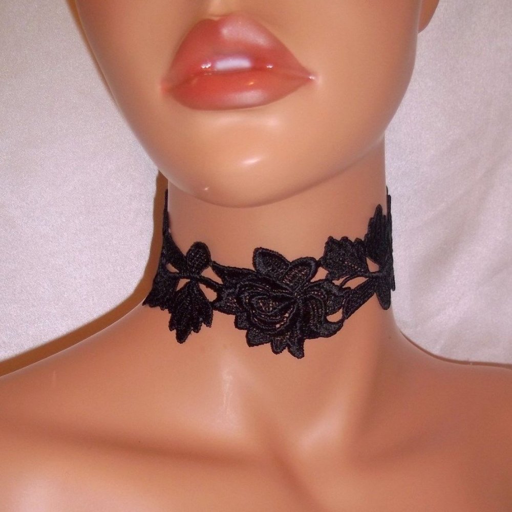 Black Lace Choker Necklace By PrettiFlower, Black Rose Choker, Black Choker